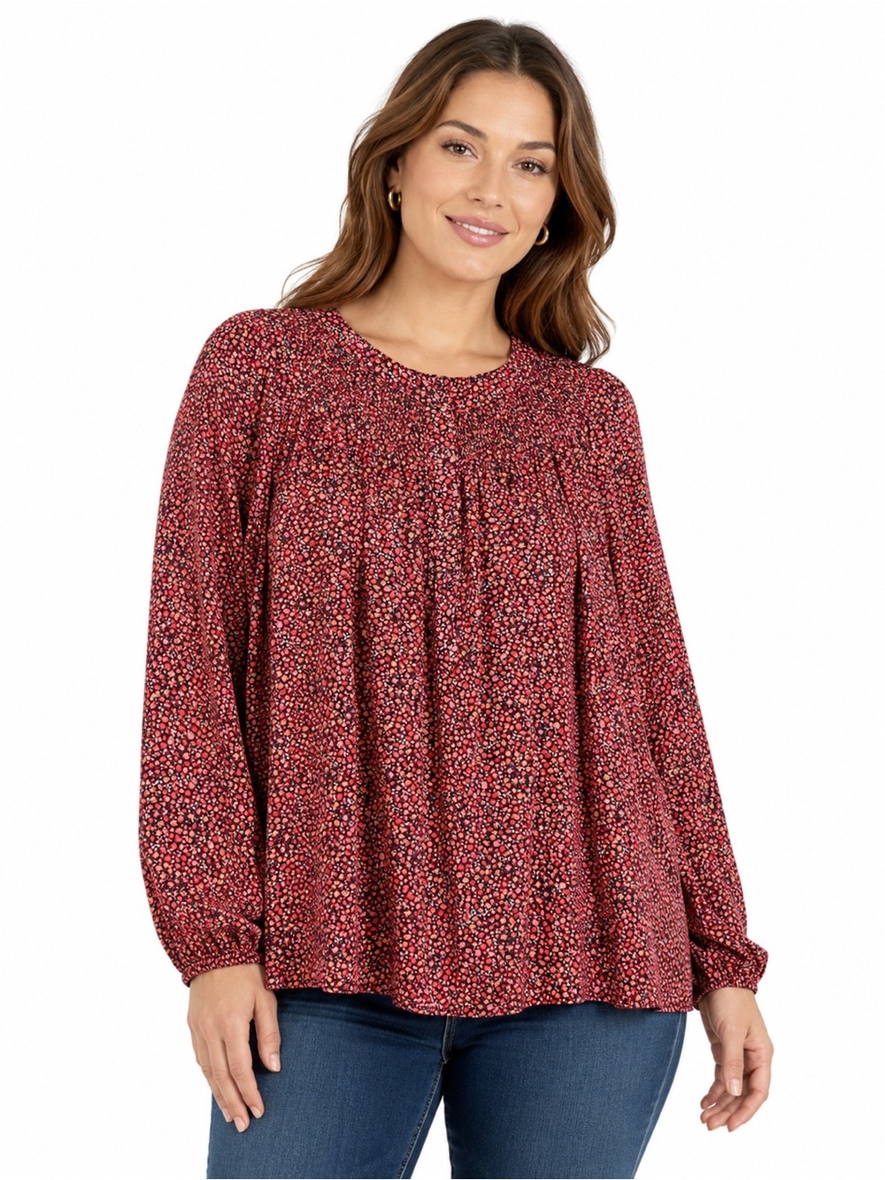 Croft & Barrow Floral Peasant Blouse XL Burgundy Pink 100% Rayon Boho Top